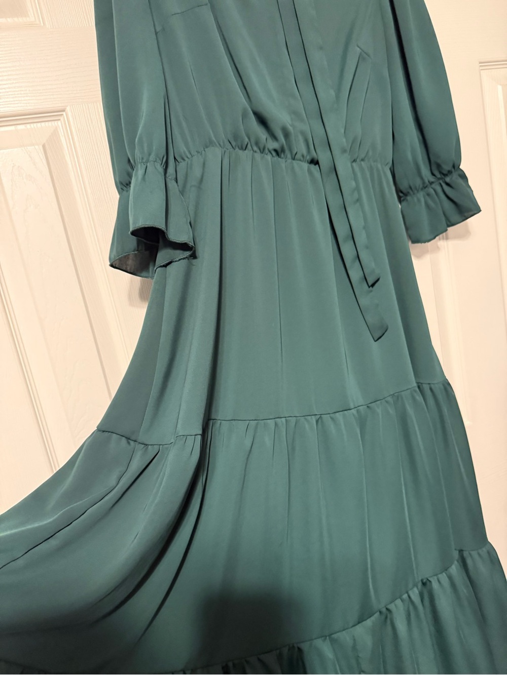 Women's Deep Teal Tiered Maxi Dress with Tie Neck - Picture 6 of 8
